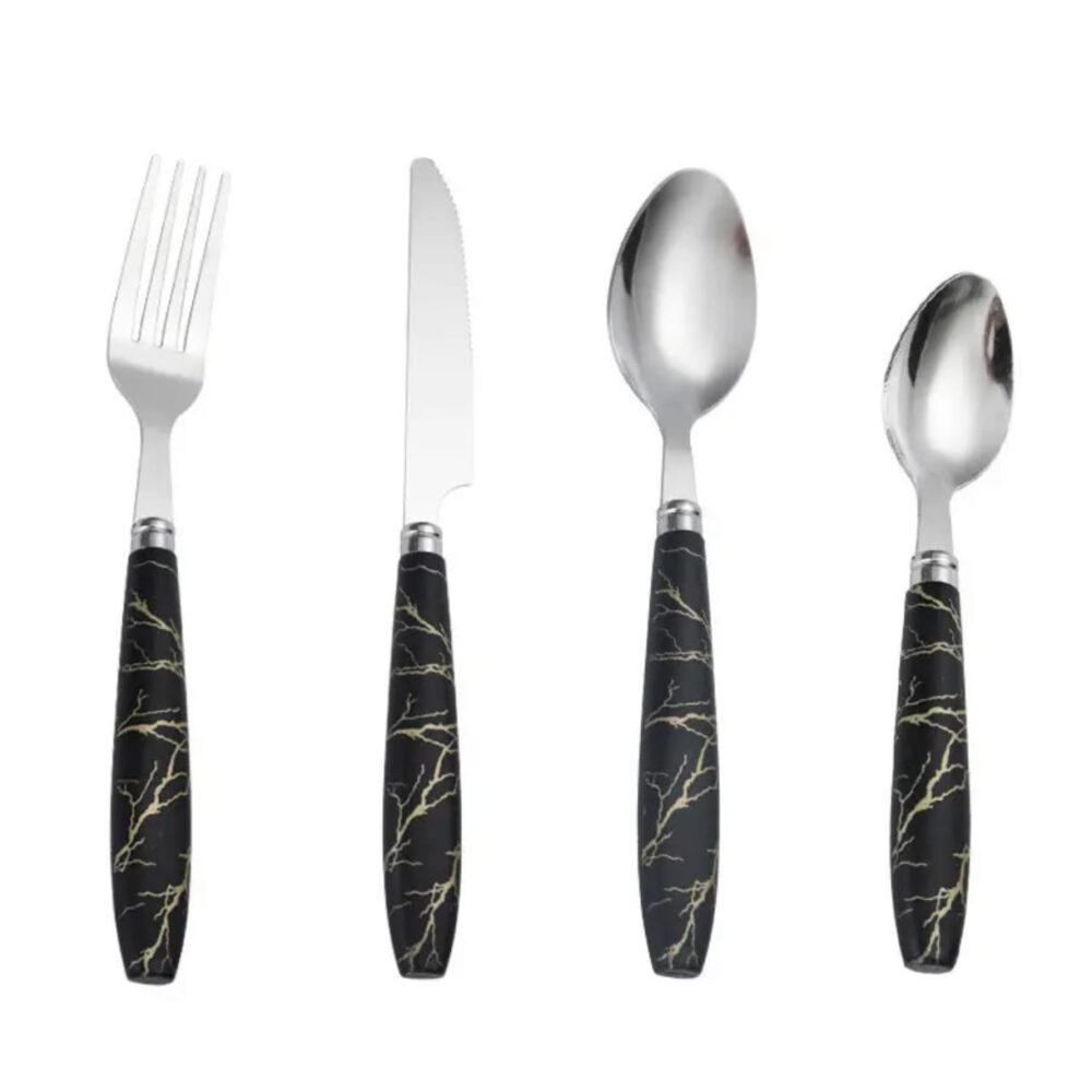 סט סכו"ם 24 חלקים ידית פלסטיק שחור דמוי שיש