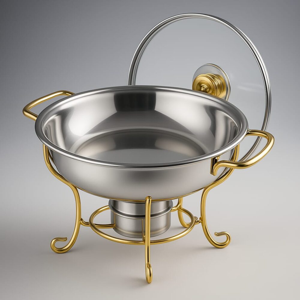 שפינגדיש עגול 8 ליטר נירוסטה בשילוב גימור זהב עם מכסה זכוכית