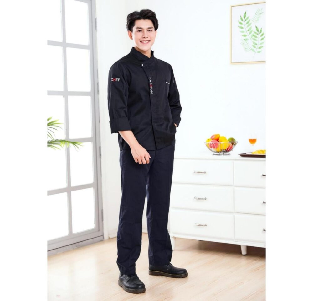 ג'קט שף fashion chef  שרוול ארוך שחור כפתורים שחורים